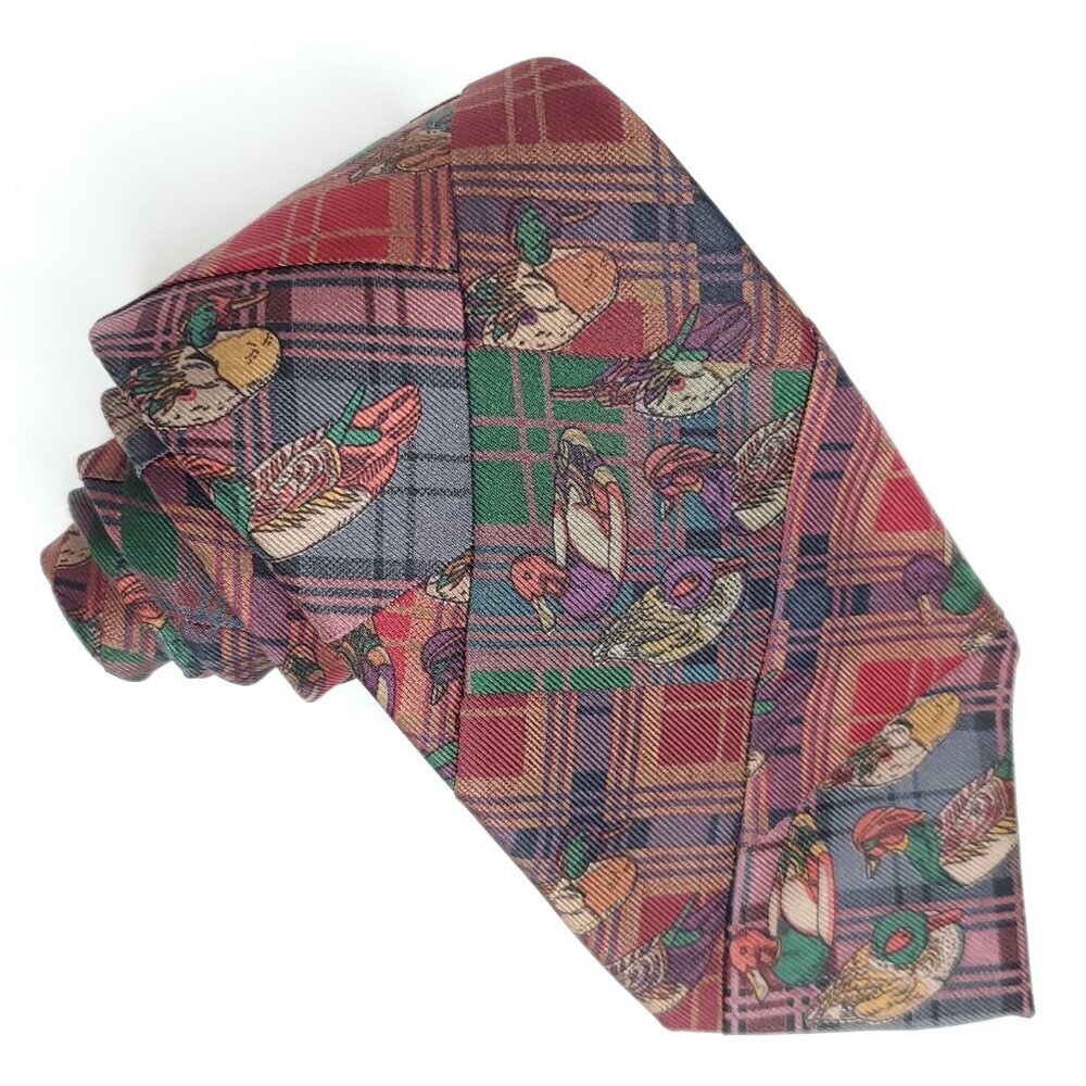Robert Talbott Silk Tie Patchwork Plaid Ducks Bur… - image 1